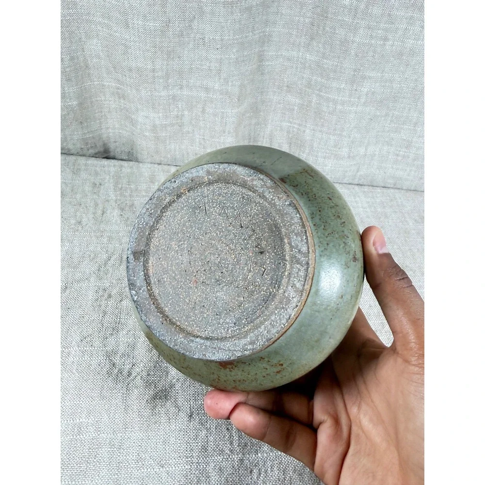 Studio Pottery Vessel Small Green Brown Vintage Good Signed Hand Thrown Ceramic